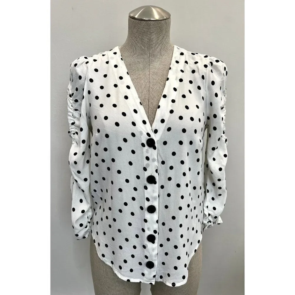 Anthropologie White and Black Polka Dot V-Neck Blouse